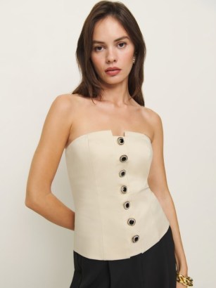 The Reformation Kalilia Top Oyster ~ strapless embellished button evening tops