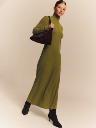 Reformation Cory Knit Dress in Pear ~ green long sleeve high neck winter dresses