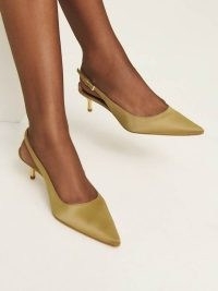 Reformation Wrenley Heeled Slingback in Pesto Satin – silky green slingbacks