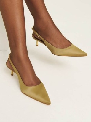 Reformation Wrenley Heeled Slingback in Pesto Satin – silky green slingbacks