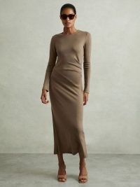 REISS Sloane Wool Ruche Detail Midi Dress Camel ~ light brown long sleeve bodycon ~ asymmetric ruched detail dresses