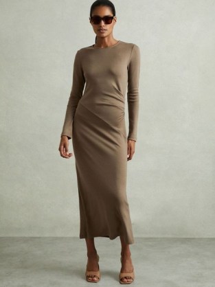 REISS Sloane Wool Ruche Detail Midi Dress Camel ~ light brown long sleeve bodycon ~ asymmetric ruched detail dresses