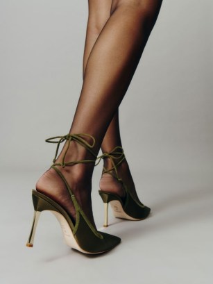 Reformation Paris Heeled Pump in Pickle Satin ~ luxe green strappy courts ~ high heel ankle tie court shoes