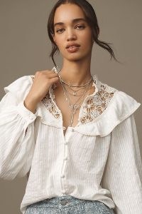 Pilcro Long-Sleeve Eyelet Cutwork Blouse in White – cotton balloon sleeve frill detail blouses