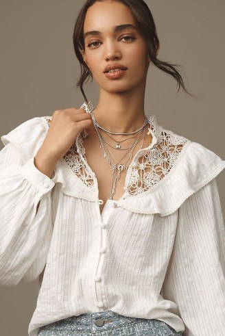 Pilcro Long-Sleeve Eyelet Cutwork Blouse in White – cotton balloon sleeve frill detail blouses