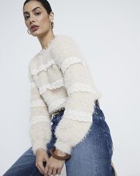 River Island Pink Fluffy Lace Trim Jumper | textured crew neck jumpers