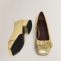 RADLEY Linden Gardens Metallic Stirrup Court in Soft Gold / shiny leather block heel shoes