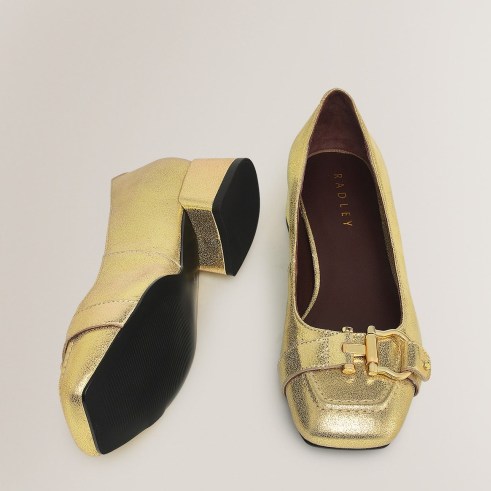 RADLEY Linden Gardens Metallic Stirrup Court in Soft Gold / shiny leather block heel shoes