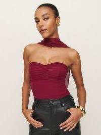 Reformation Ezra Knit Top in Red – fitted strapless ruched bust tops