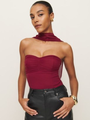 Reformation Ezra Knit Top in Red – fitted strapless ruched bust tops