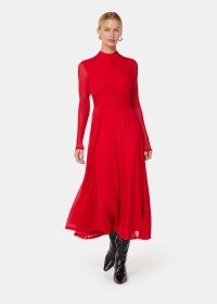 WHISTLES Red Arabella Ruched Mesh Dress – chic long sleeve high neck fit and flare dresses