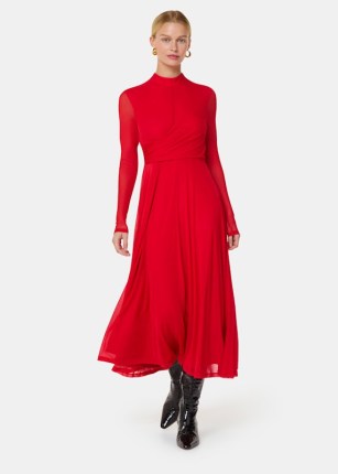 WHISTLES Red Arabella Ruched Mesh Dress – chic long sleeve high neck fit and flare dresses