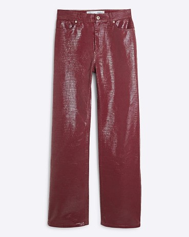 River Island Red Coated Relaxed Straight Snake Jeans – glossy animal print denim fashion