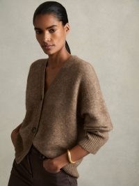 REISS Robyn Alpaca Wool-Blend Brushed Cardigan in Mink ~ luxe light brown drop shoulder cardigans