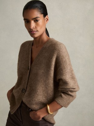 REISS Robyn Alpaca Wool-Blend Brushed Cardigan in Mink ~ luxe light brown drop shoulder cardigans