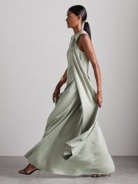 REISS Quincy Atelier Draped-Satin Occasion Dress in Green ~ silky satin drape detail evening event maxi dresses