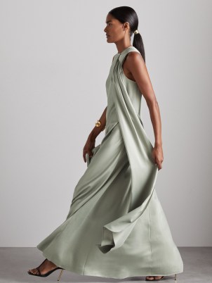 REISS Quincy Atelier Draped-Satin Occasion Dress in Green ~ silky satin drape detail evening event maxi dresses