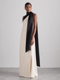 REISS Isobel Atelier Sash-Neck Satin Occasion Dress in Black/Ivory ~ chic silky monochrome evening event maxi dresses