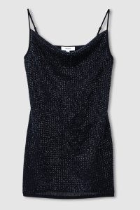 REISS Keeva Cowl-Neck Beaded Mini Dress in Dark Blue – strappy sparkly evening dresses