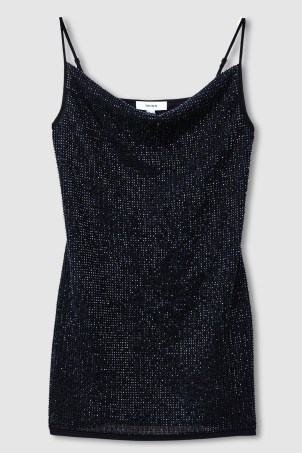 REISS Keeva Cowl-Neck Beaded Mini Dress in Dark Blue – strappy sparkly evening dresses