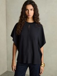 REISS Tania Draped Sleeve Top in Navy ~ dark blue wide sleeved tops