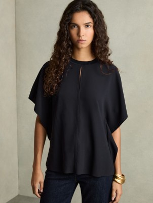 REISS Tania Draped Sleeve Top in Navy ~ dark blue wide sleeved tops