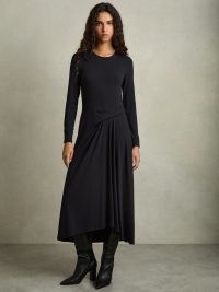 REISS Ivy Jersey Draped Midi Dress in Navy – dark blue long sleeve drape detail dresses