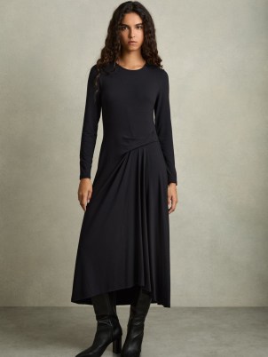 REISS Ivy Jersey Draped Midi Dress in Navy – dark blue long sleeve drape detail dresses