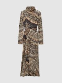 REISS Naomi Snake-Print Draped Midi Dress in Brown ~ chic printed long sleeve high neck drape detail midi dresses