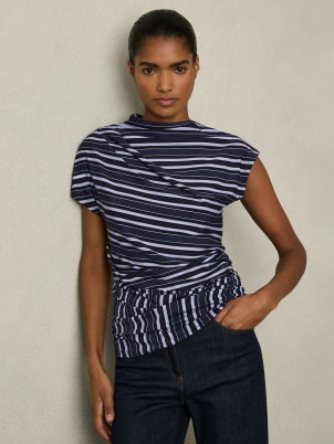 REISS Dillon Stripe-Print Draped Top in Blue – chic drape detail tops