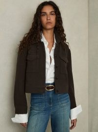 REISS Nova Wool-Blend Cropped Jacket in Mocha Brown ~ women’s chic cropped utility style jackets