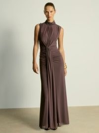 REISS Daniella Sheer Ruched Maxi Dress Taupe ~ chic brown long length sleevelesss high neck occasion dresses