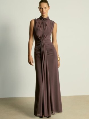 REISS Daniella Sheer Ruched Maxi Dress Taupe ~ chic brown long length sleevelesss high neck occasion dresses