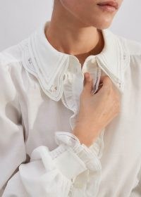 me and em Silk Cotton Organza Embroidery Detail Blouse Soft White ~ ruffled collared blouses ~ feminine clothes