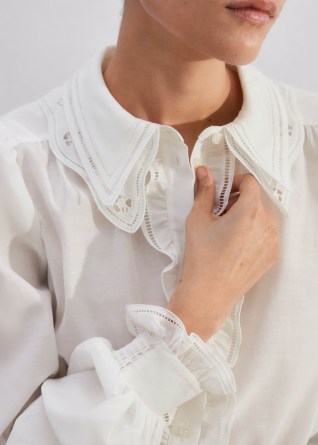 me and em Silk Cotton Organza Embroidery Detail Blouse Soft White ~ ruffled collared blouses ~ feminine clothes