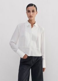 me and em Silk Crop Tux Shirt Soft White ~ women’s contemporary shirts