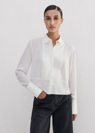 me and em Silk Crop Tux Shirt Soft White ~ women’s contemporary shirts