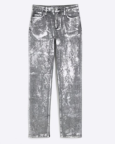 River Island Silver Denim Slim Fit High Waisted Jeans / shiny metallic fashion