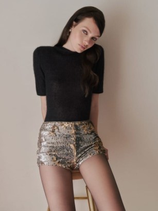 The Reformation Elsa Knit Short Silver Sequin ~ women’s sequinned shorts