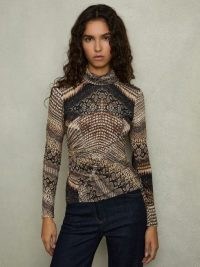 REISS Naomi Snake-Print Roll-Neck Top Brown ~ long sleeve high neck snake print tops ~ women’s clothes with animal prints