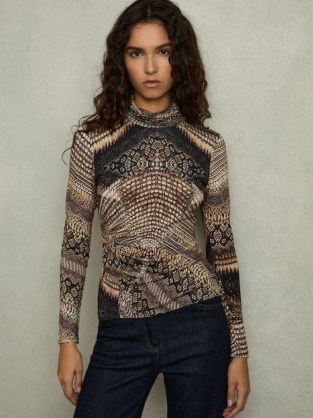 REISS Naomi Snake-Print Roll-Neck Top Brown ~ long sleeve high neck snake print tops ~ women’s clothes with animal prints