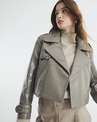 River Island Stone Faux Leather Crop Trench Coat – women’s cropped fake leather animal print coats