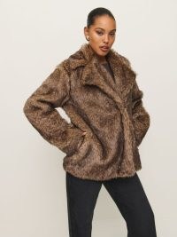 Reformation Ellie Faux Fur Coat in Teddy ~ fluffy brown winter coats ~ glamorous fake fur jacket