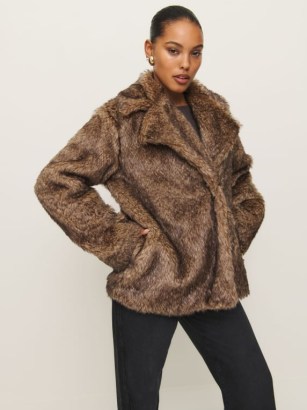 Reformation Ellie Faux Fur Coat in Teddy ~ fluffy brown winter coats ~ glamorous fake fur jacket