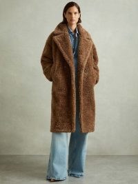 REISS Darla Wool Blend Teddy Coat Brown ~ textured faux fur winter coats