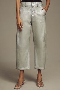 The Arin Mid-Rise Button-Front Barrel Jeans by Pilcro Silver Coated Edition / shiny metallic denim clothing