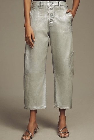 The Arin Mid-Rise Button-Front Barrel Jeans by Pilcro Silver Coated Edition / shiny metallic denim clothing