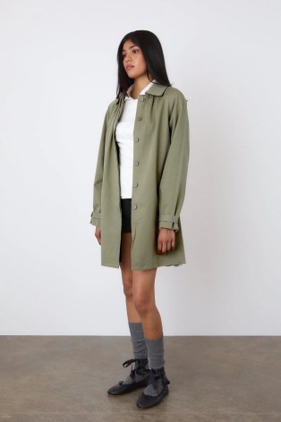 Peachy Den The Cheri Trench in Sage ~ women’s light green collared coats