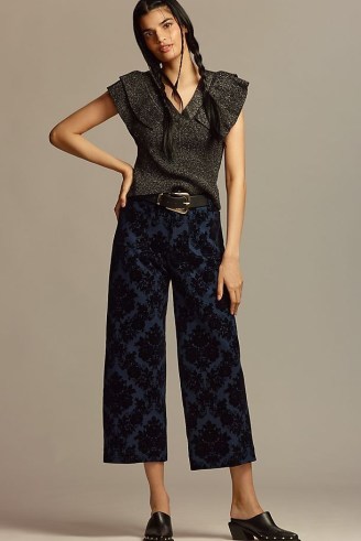 Maeve The Colette Cropped Wide-Leg Trousers Floral Ponte Edition in Navy – women’s dark blue crop leg trouser