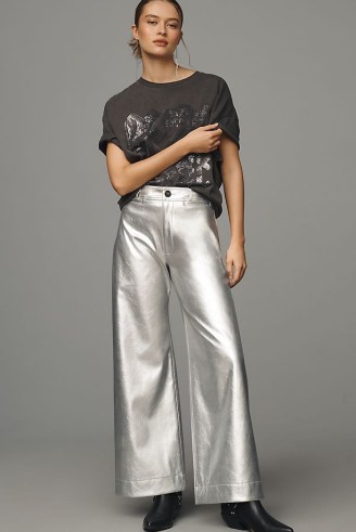 Maeve The Ettie High-Rise Crop Wide-Leg Trousers Silver Metallic Faux-Leather Edition